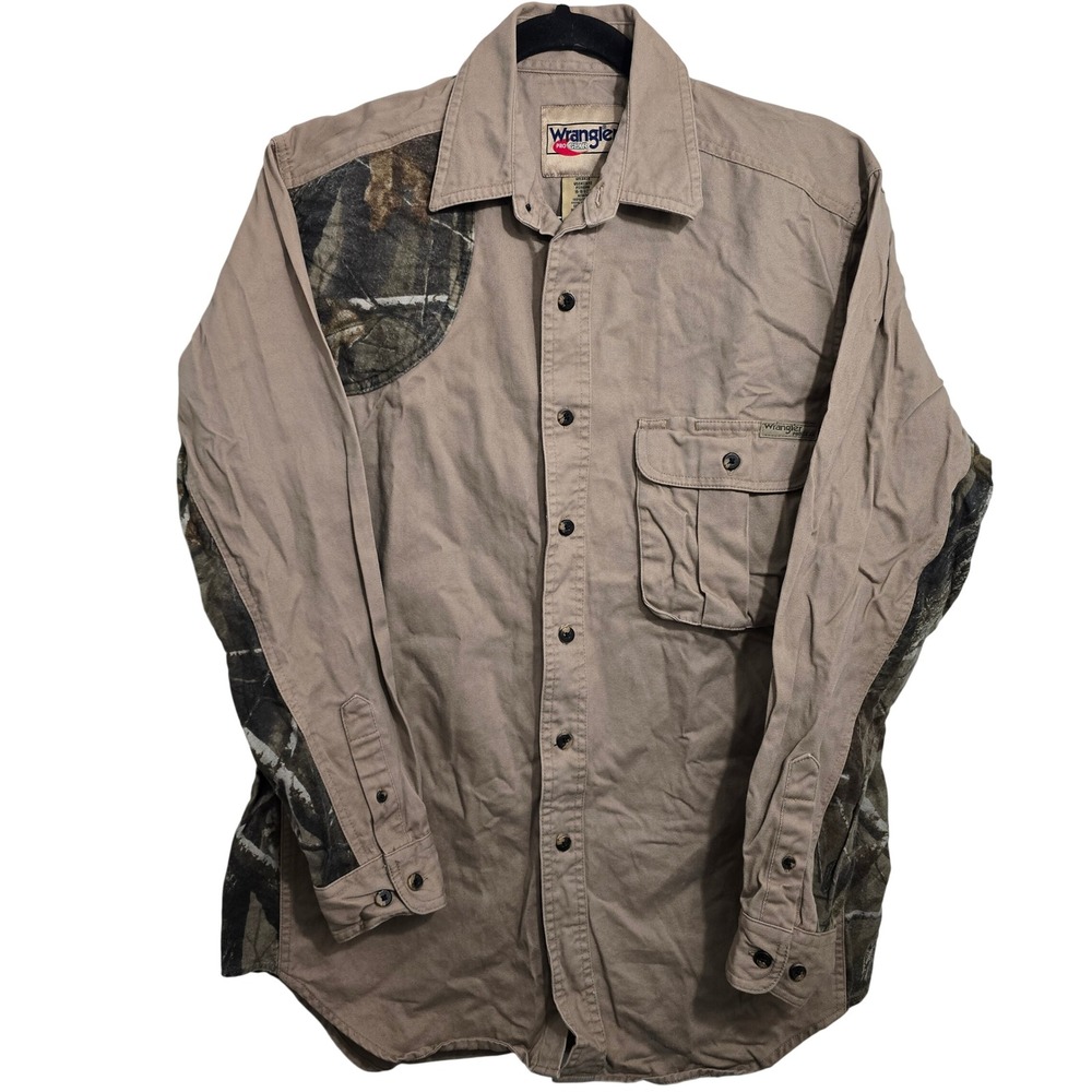 Vintage Wrangler Pro Gear Men's Tan Camo Shooting Hunting Shirt size Medium